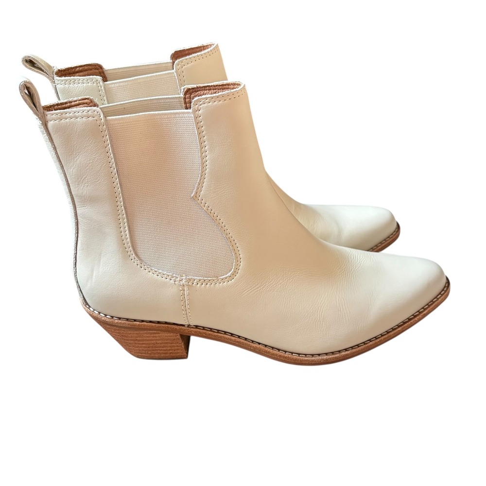 Madewell Women's Cream Leather Pointed Toe Chelsea Ankle Boots Block Heel Size 9